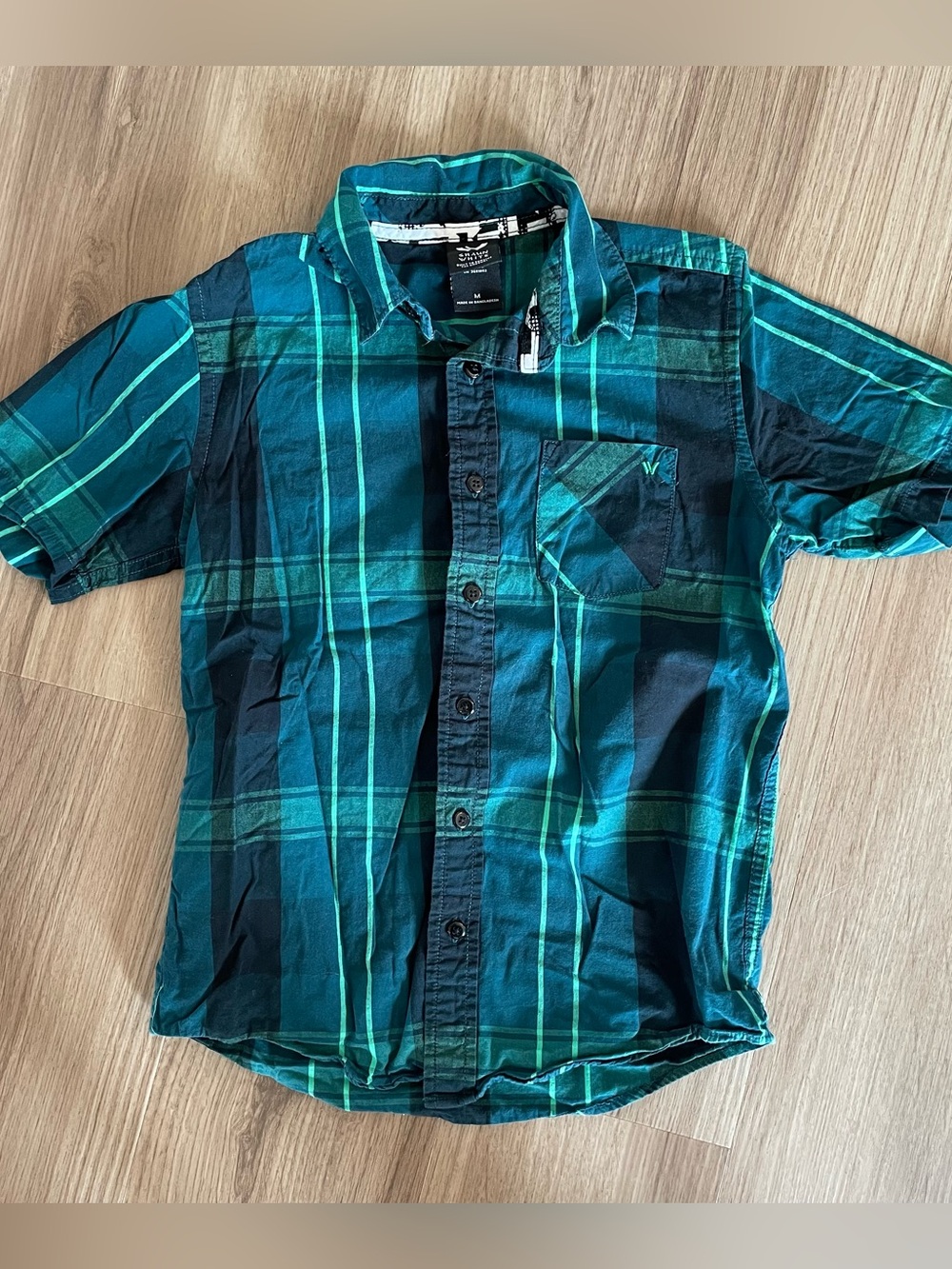 Shawn White Boy's Medium Blue/Green Plaid Short Sleeve Cotton Button-Up w/Pocket